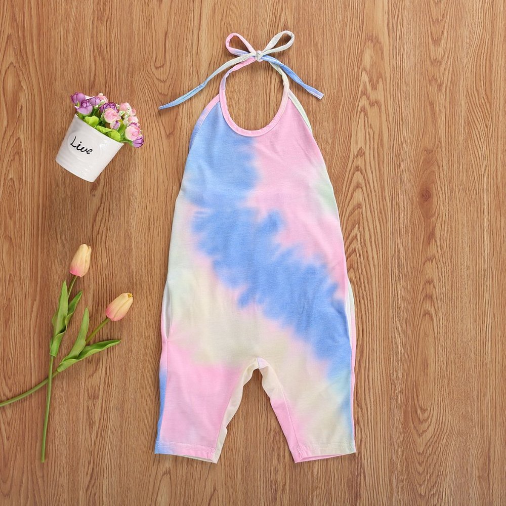 Pink-Blue Tie-Dye Cotton Little Girl Halter Overall Romper